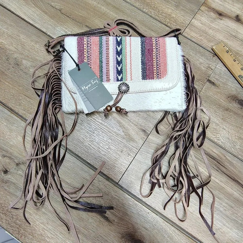 Myra Bag Delicate Hues Leather Hairon Crossbody Fringe Purse Boho Southwest - Picture 10 of 16